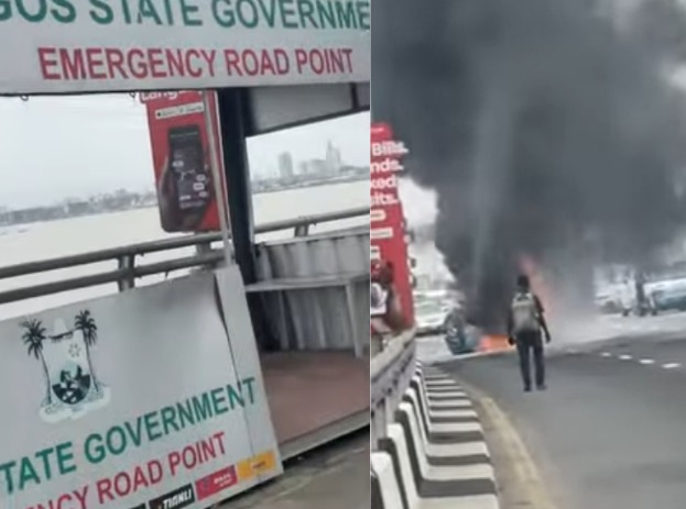 Man decries absence of emergency workers as car burns on Third Mainland Bridge