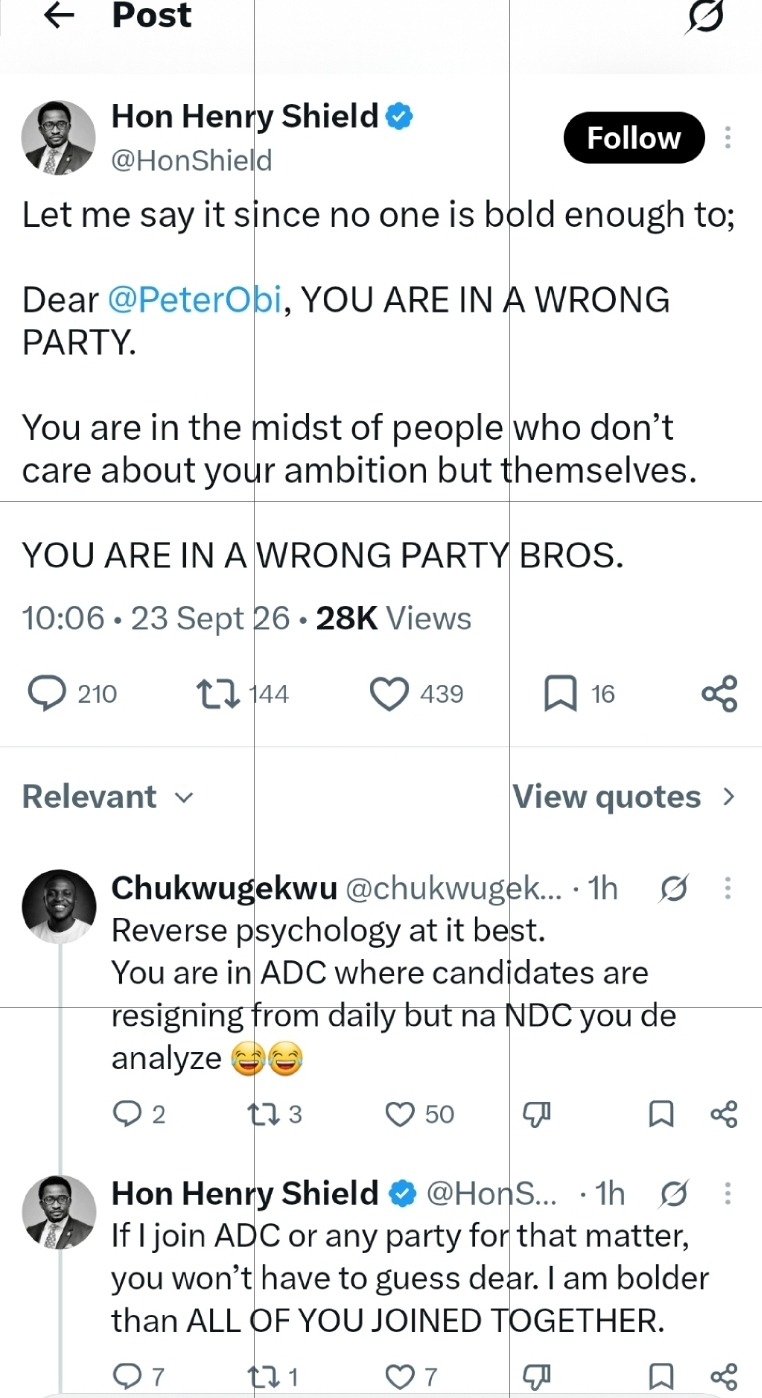 Dear Peter Obi, You Are In A Wrong Party- Henry Shield