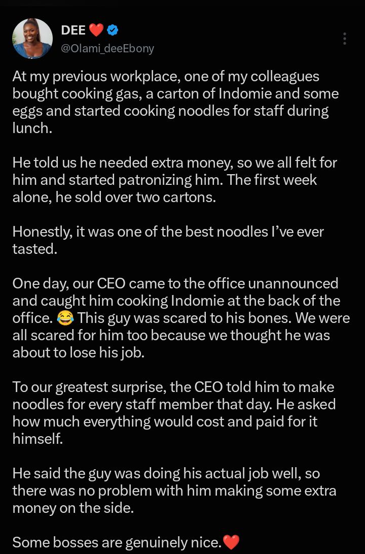 “He was scared to his bones” — CEO catches employee cooking Indomie at office, surprises everyone