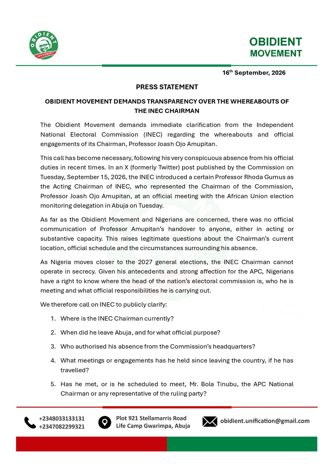 Obidient Movement Issues Missing Person Alert For INEC Chairman