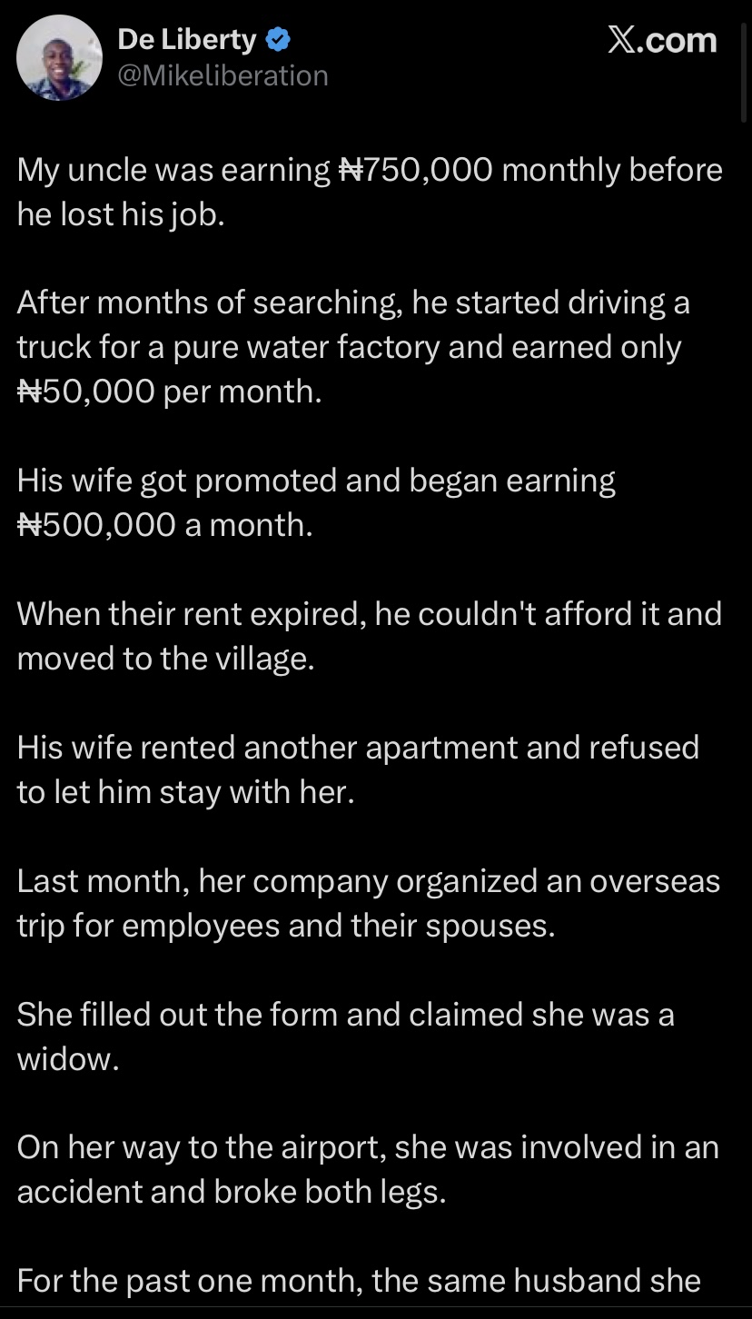 “I’m a widow” – Wife dumps jobless husband to travel abroad, breaks both legs on way to airport