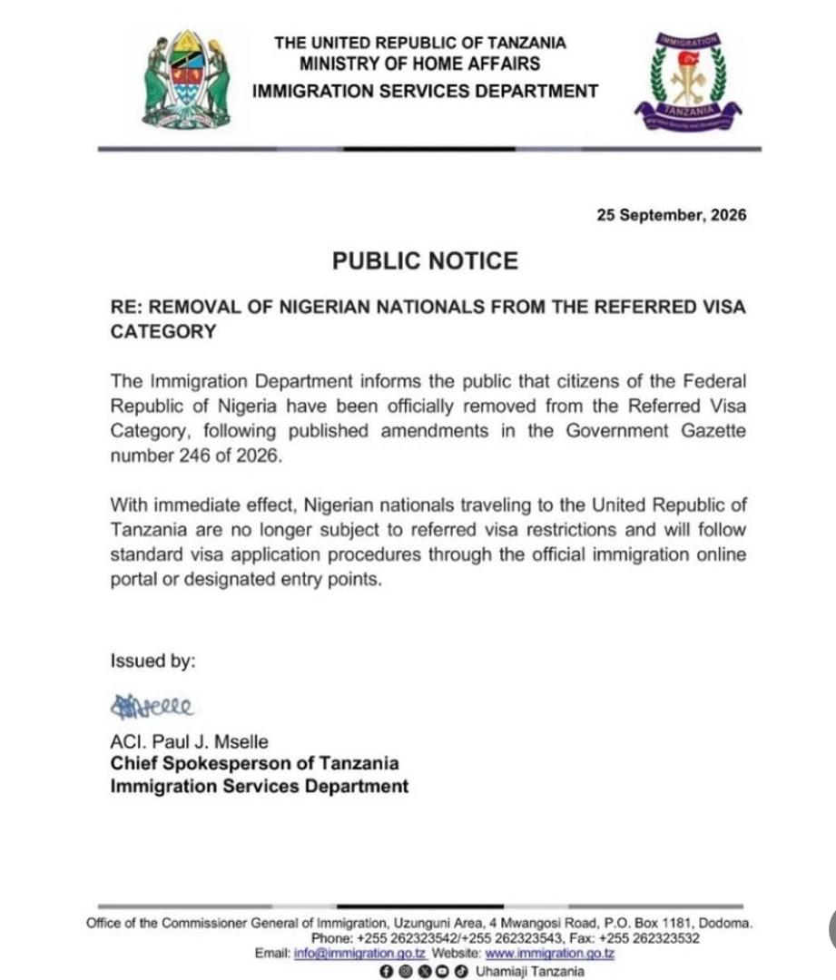 Tanzania removes Nigerians from referred visa list, announces new travel process