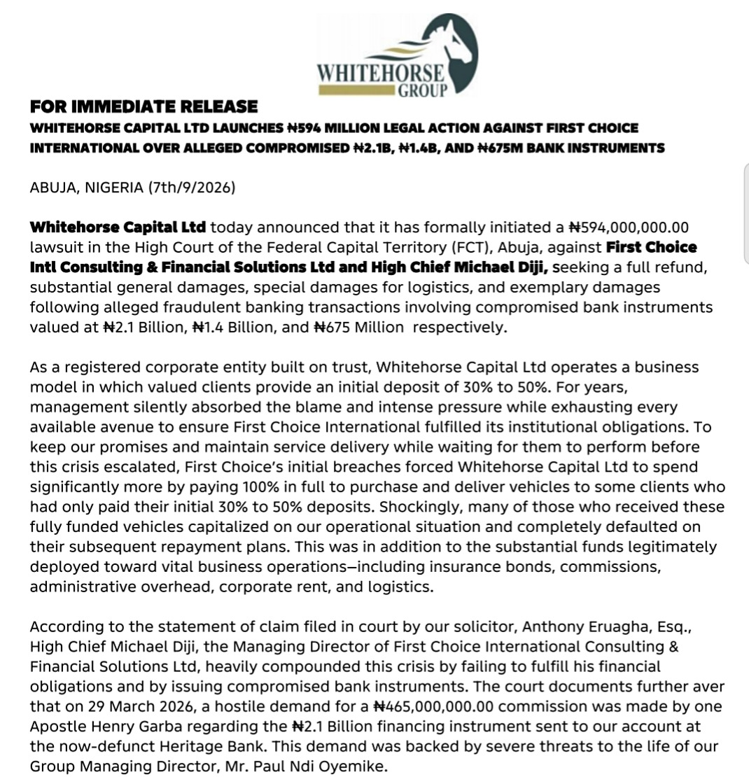 Whitehorse Capital Fights Back: N594m Suit Filed Against Vehicle Finance Fraudst