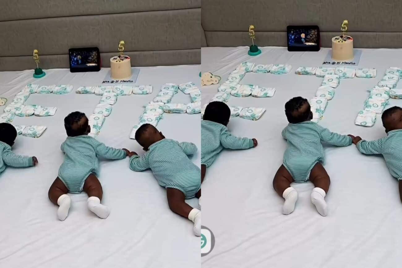 “Every day is a reminder that God still writes the most beautiful stories” – Lateef Adedimeji and Mo Bimpe celebrate triplets as they turn 5 months
