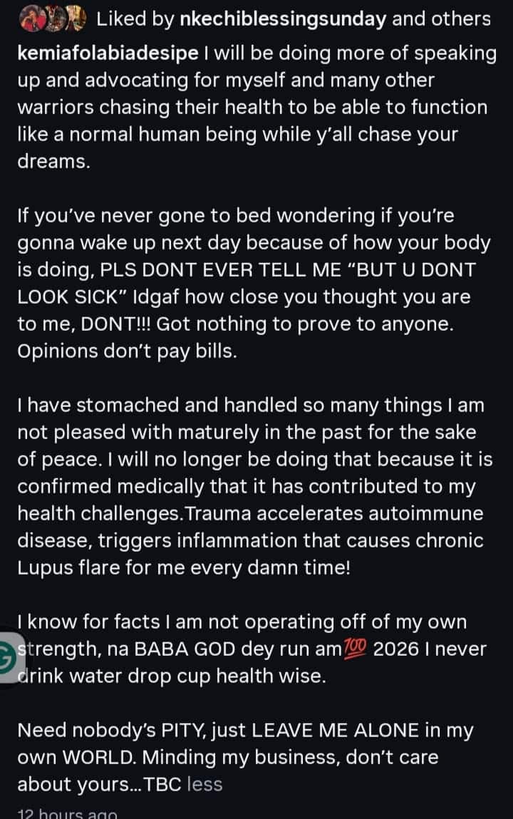 “Don’t ever tell me I don’t look sick” – Actress Kemi Afolabi roars as she reveals trigger to her Lupus flare