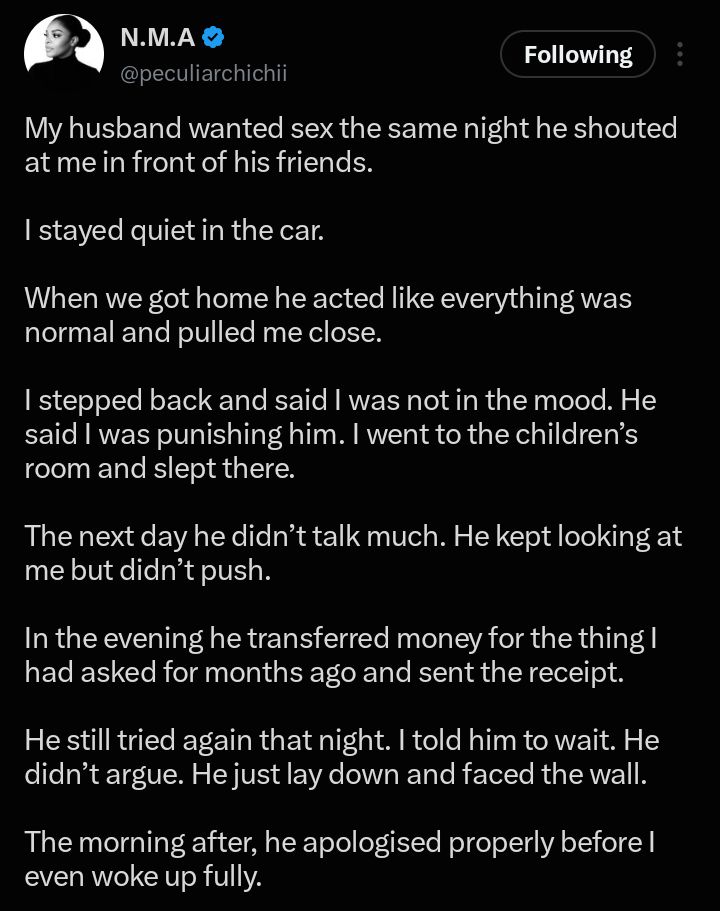 “He said I was punishing him” — Woman reveals what husband did after she rejected sex