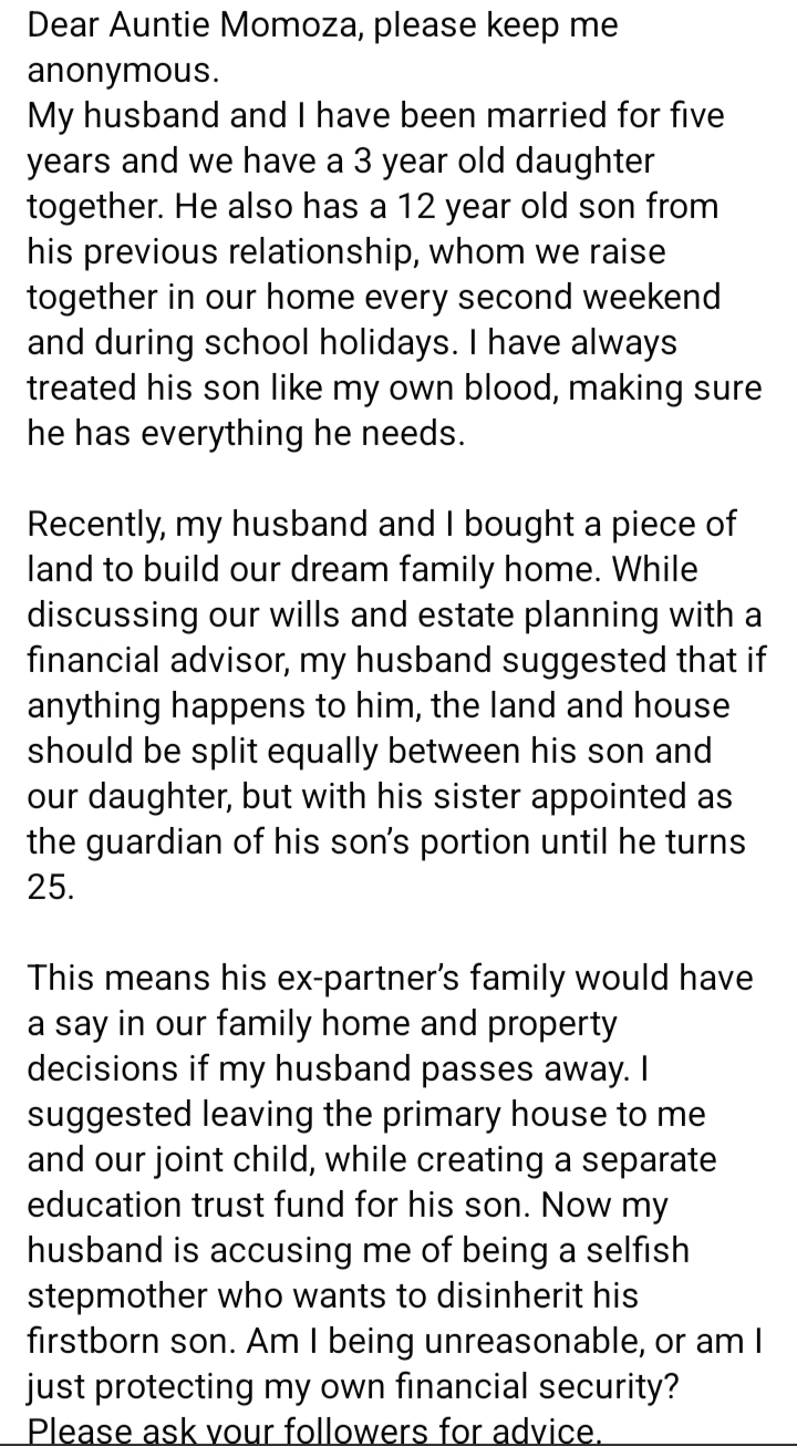 Lady seeks advice after husband proposes sharing family home between his two children