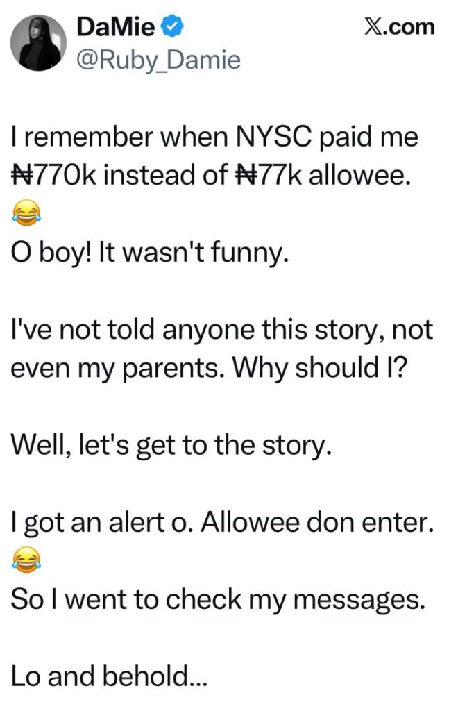 Lady reveals the action she took after NYSC paid her the sum of 770k instead of 77k as her monthly allowance