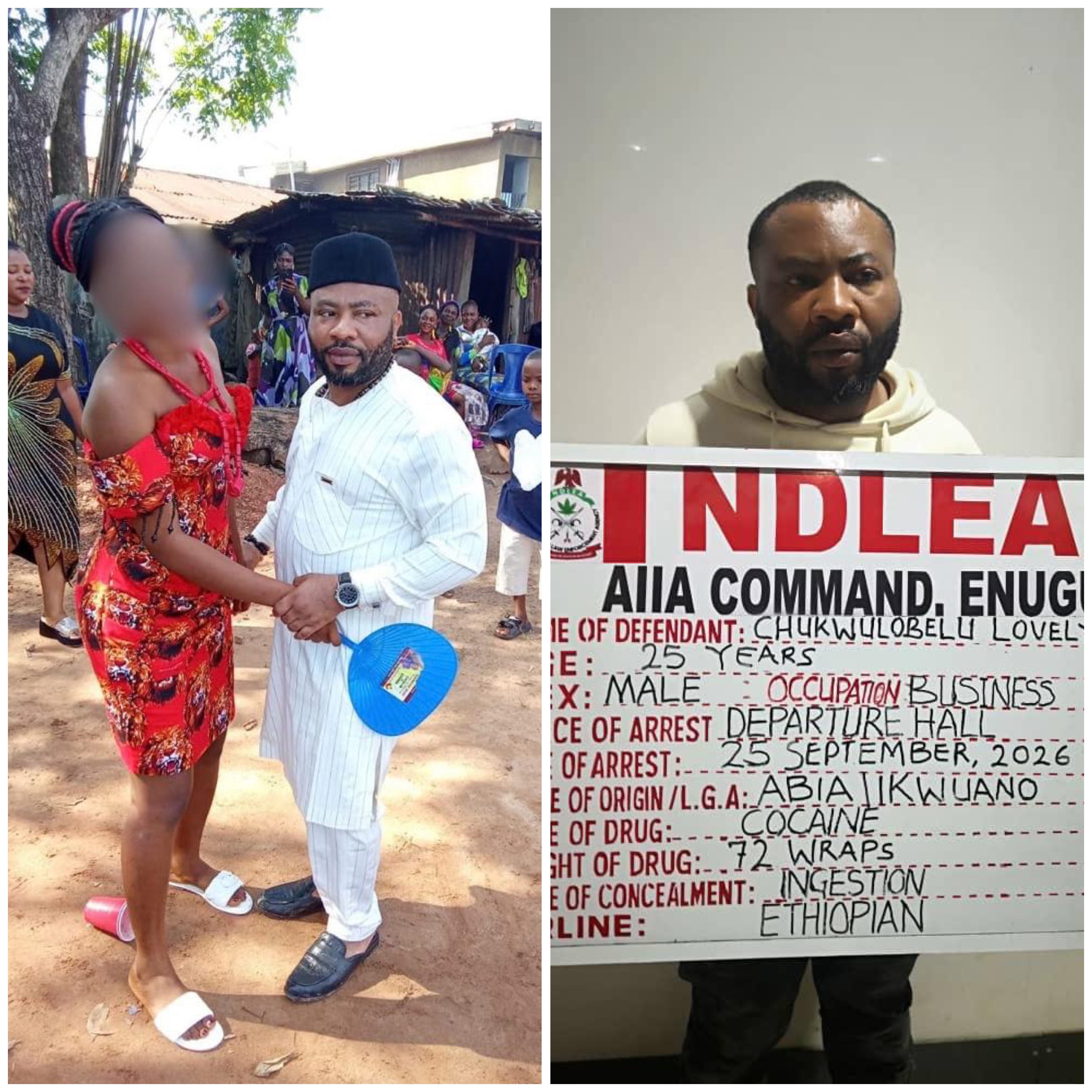 Man excretes 72 wraps of cocaine at Enugu airport weeks after wedding, claims he ventured into drug trafficking to offset wedding expenses