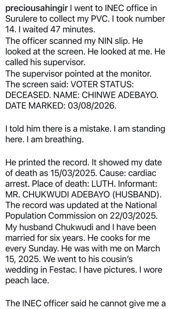 Woman discovers that she had been reported de@d by her husband