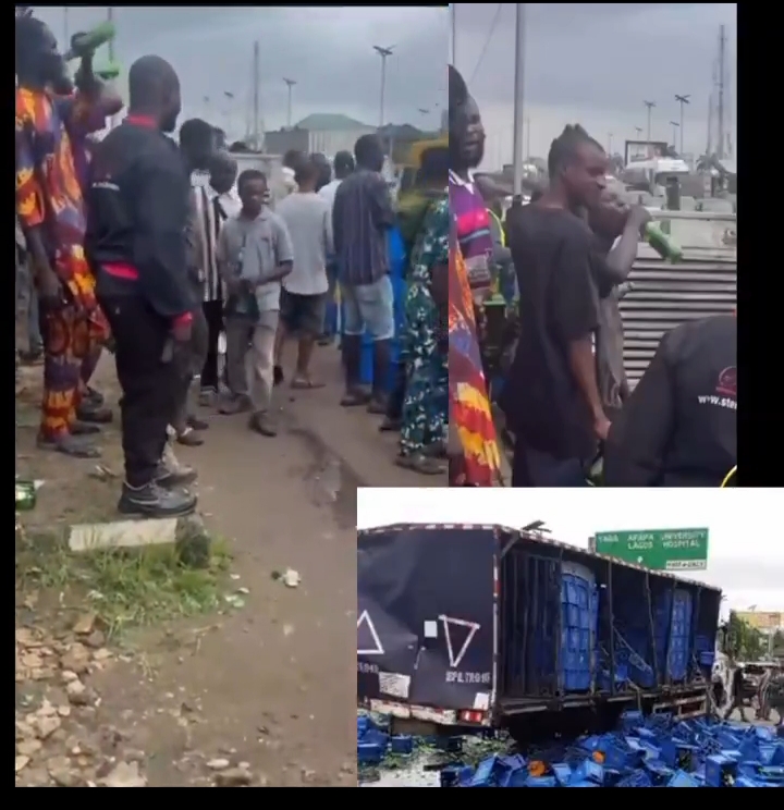 Beer Truck Crashes In Lagos, Residents Rush To Drink Spilled Beer