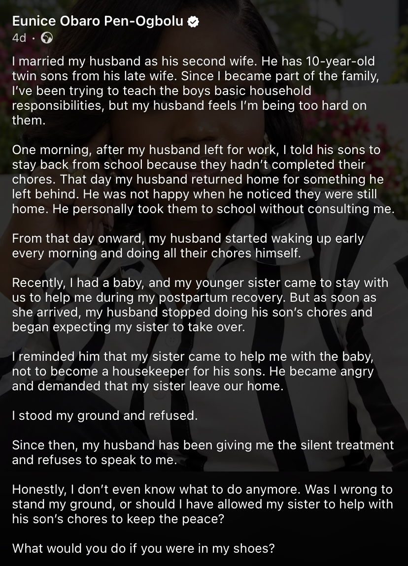 “He wants my sister out because she refused to wash his sons’ clothes” – Second wife cries out