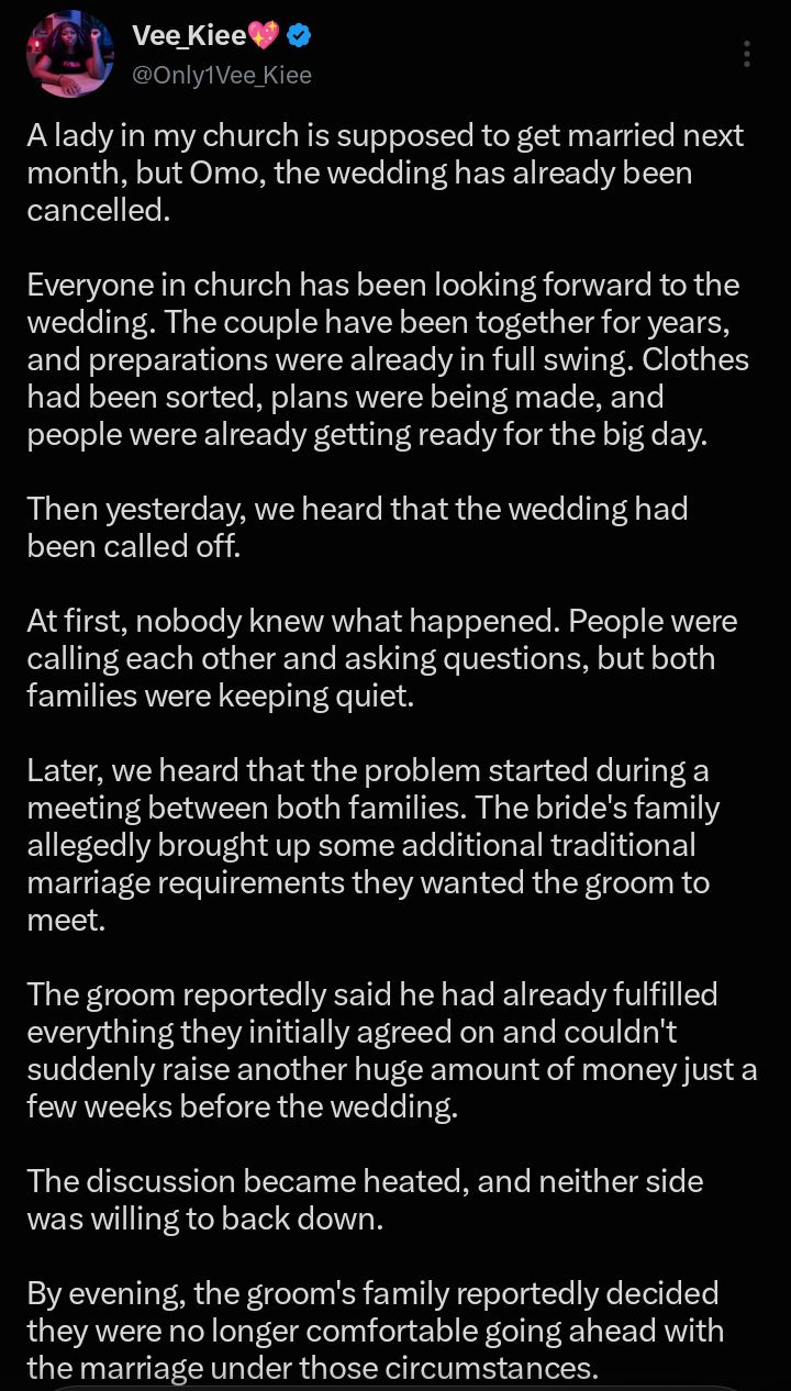 Wedding called off weeks before big day after bride’s family makes fresh marriage demands