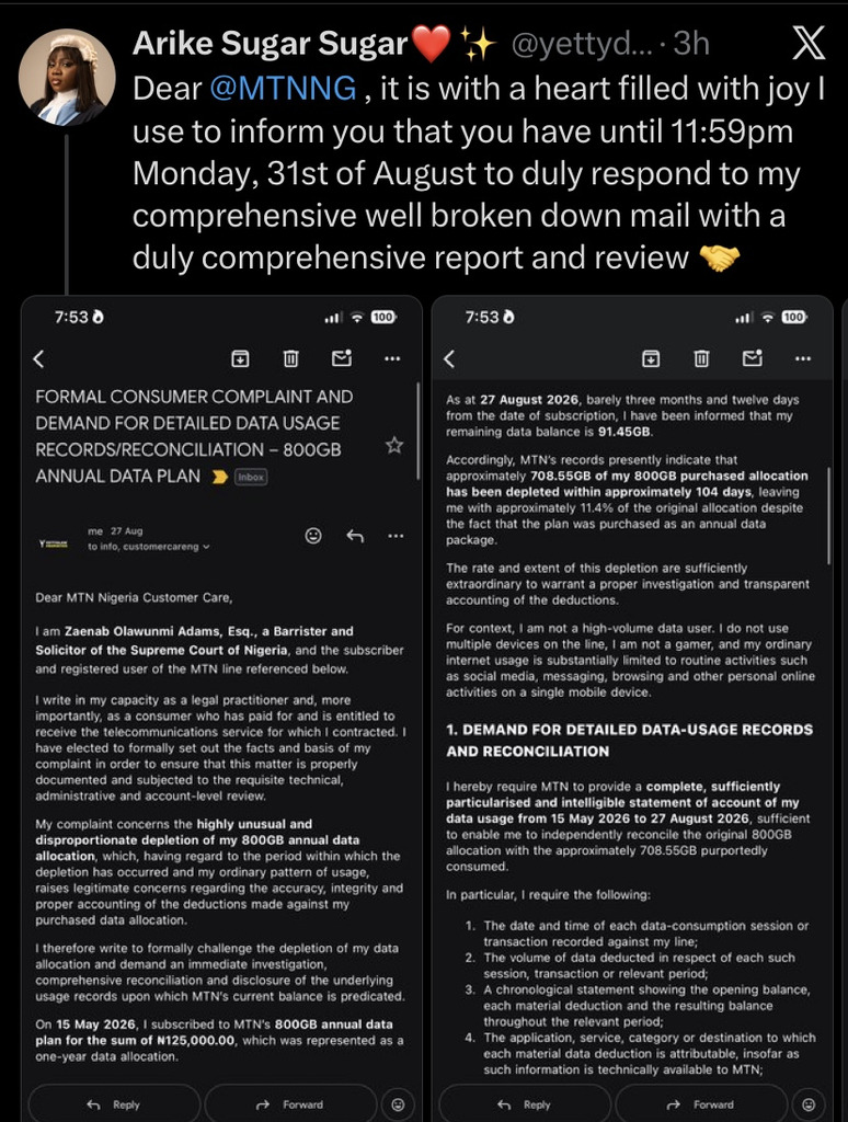708.55GB Gone Just Like That - Lawyer Sues MTN After Her 800GB Data Drops To 91
