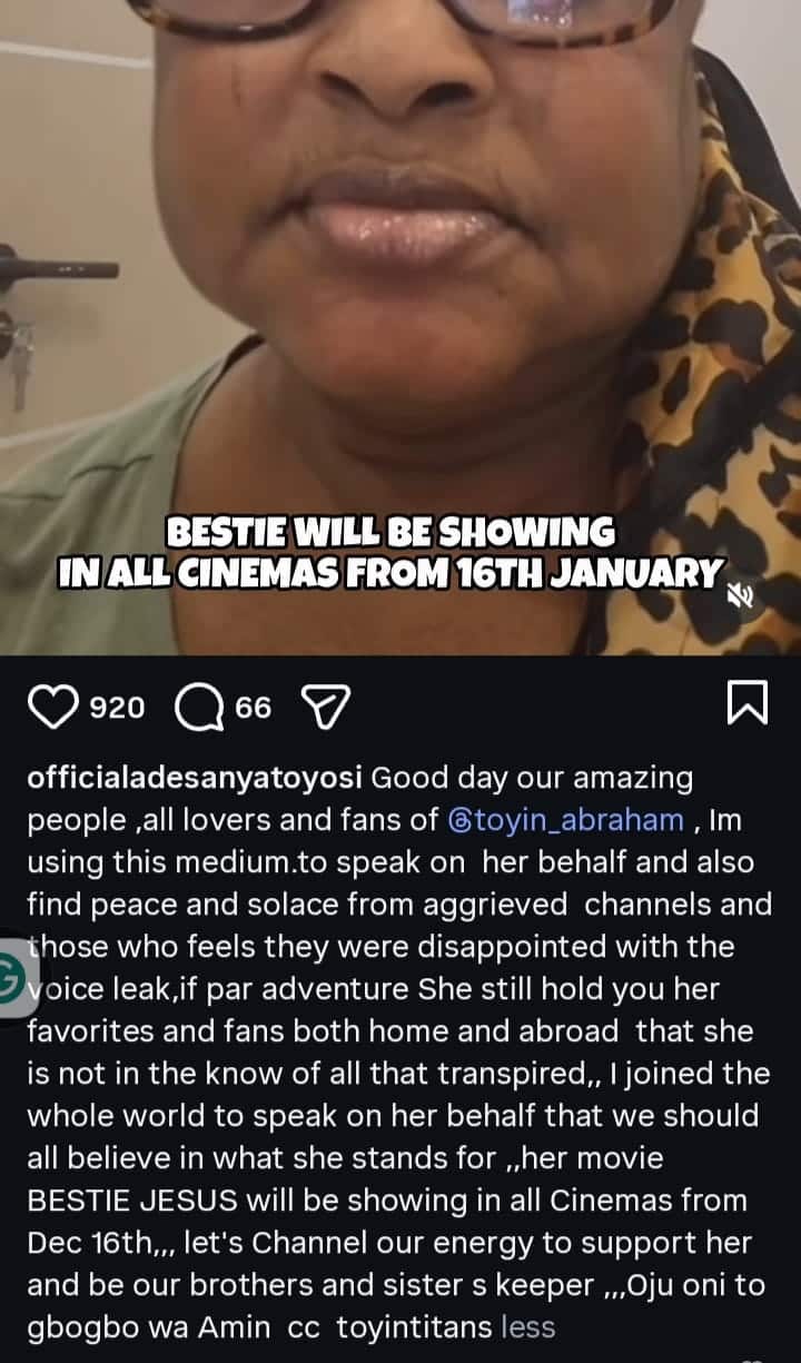 “Let’s channel our energy to support her” – Toyosi Adesanya shows support for Toyin Abraham following leaked audio