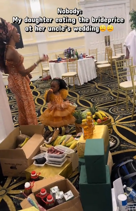 Funny moment a little girl got caught eating fruit from bride price at her uncle’s wedding (WATCH)