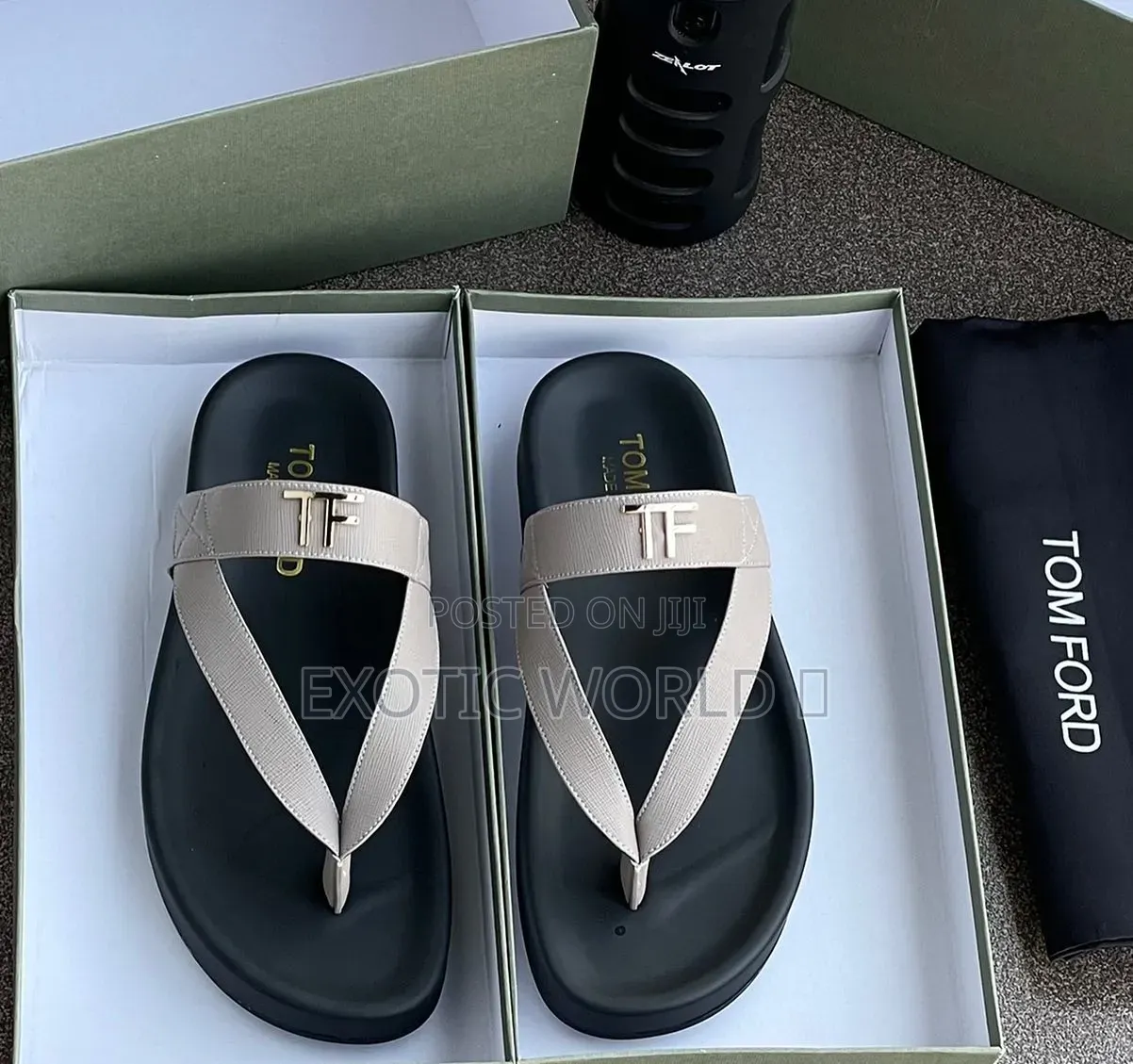 Men's Black Leather Palm Slippers, TF Gold Logo