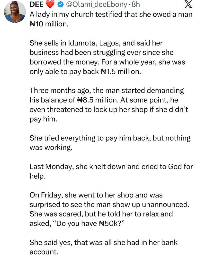 “God is real oo” – Lady shares church member’s testimony after creditor miraculously cancels ₦8.45m debt