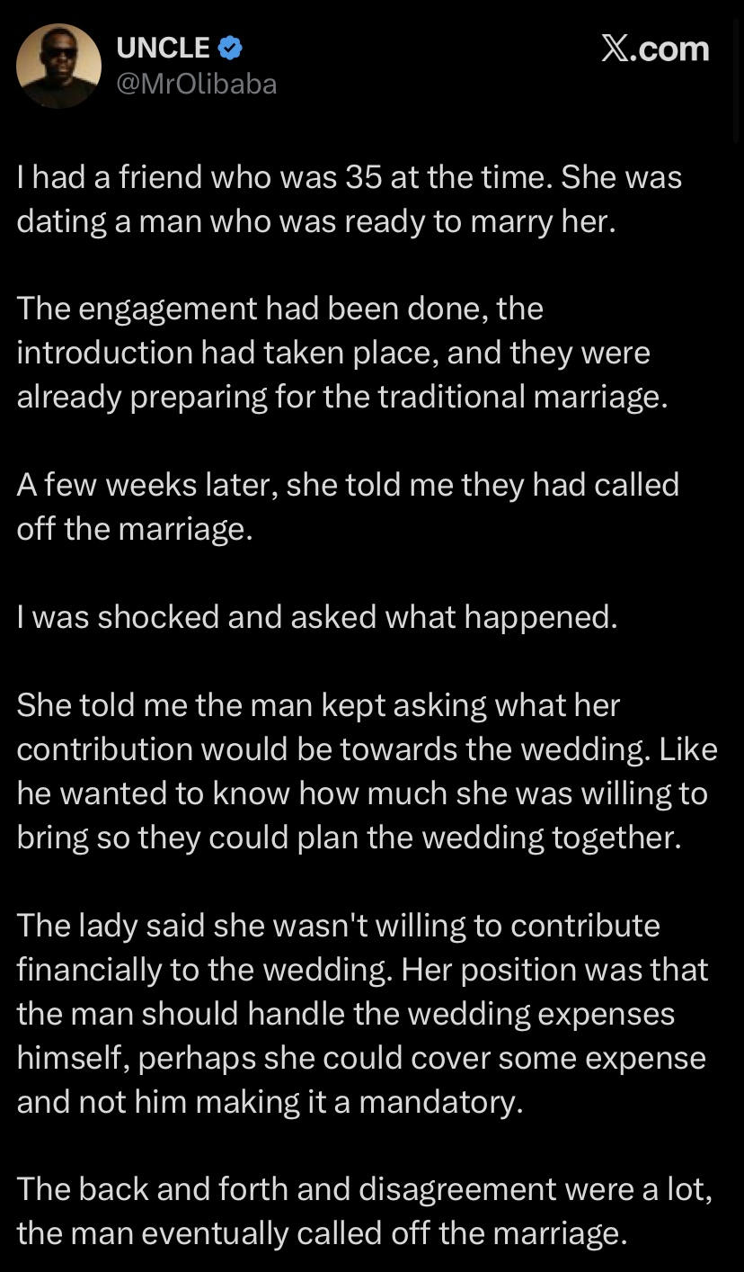 Man calls off wedding after fiancée refuses to contribute towards ceremony