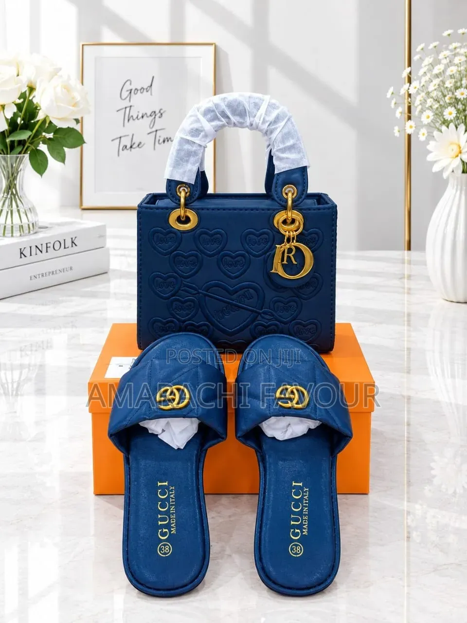 Luxury Matching Bag and Slide Set - Navy Blue - Designer Style - Box