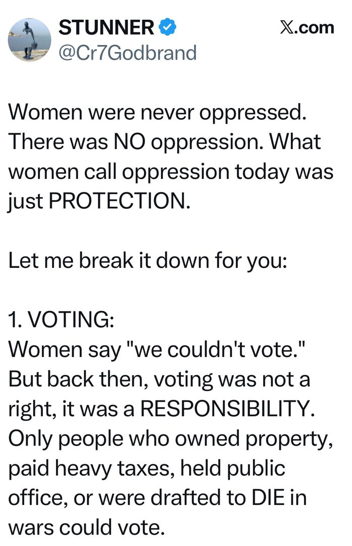 “Women were never oppressed…what they call oppression today was just protection” – Man critiques feminism