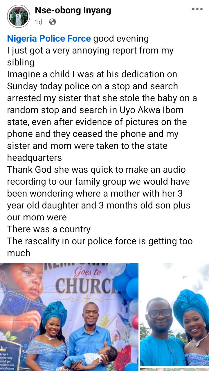 Akwa Ibom police accused of detaining woman returning from her 3-month-old son's church dedication after falsely accusing her of child theft