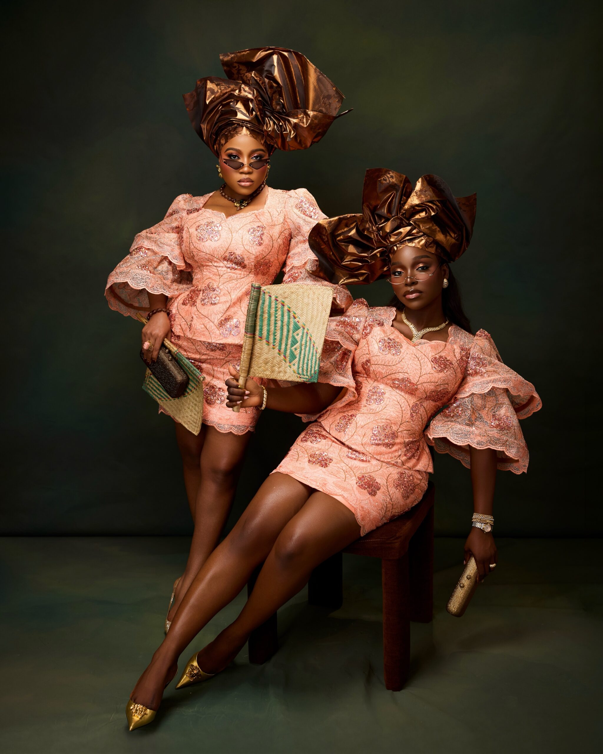 Veekee James and Tomike Adeoye Gave Us Vintage Nigerian Glamour in Peach & Bronze-Gold