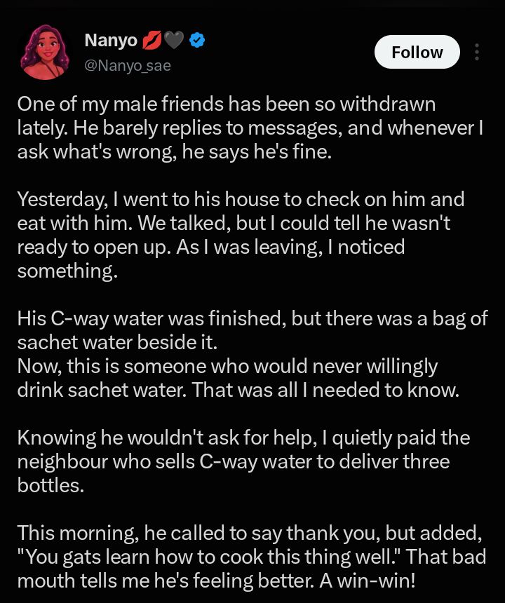 “He is lucky the meal did not purge him” — Lady jokes after secretly helping male friend who stopped replying to messages