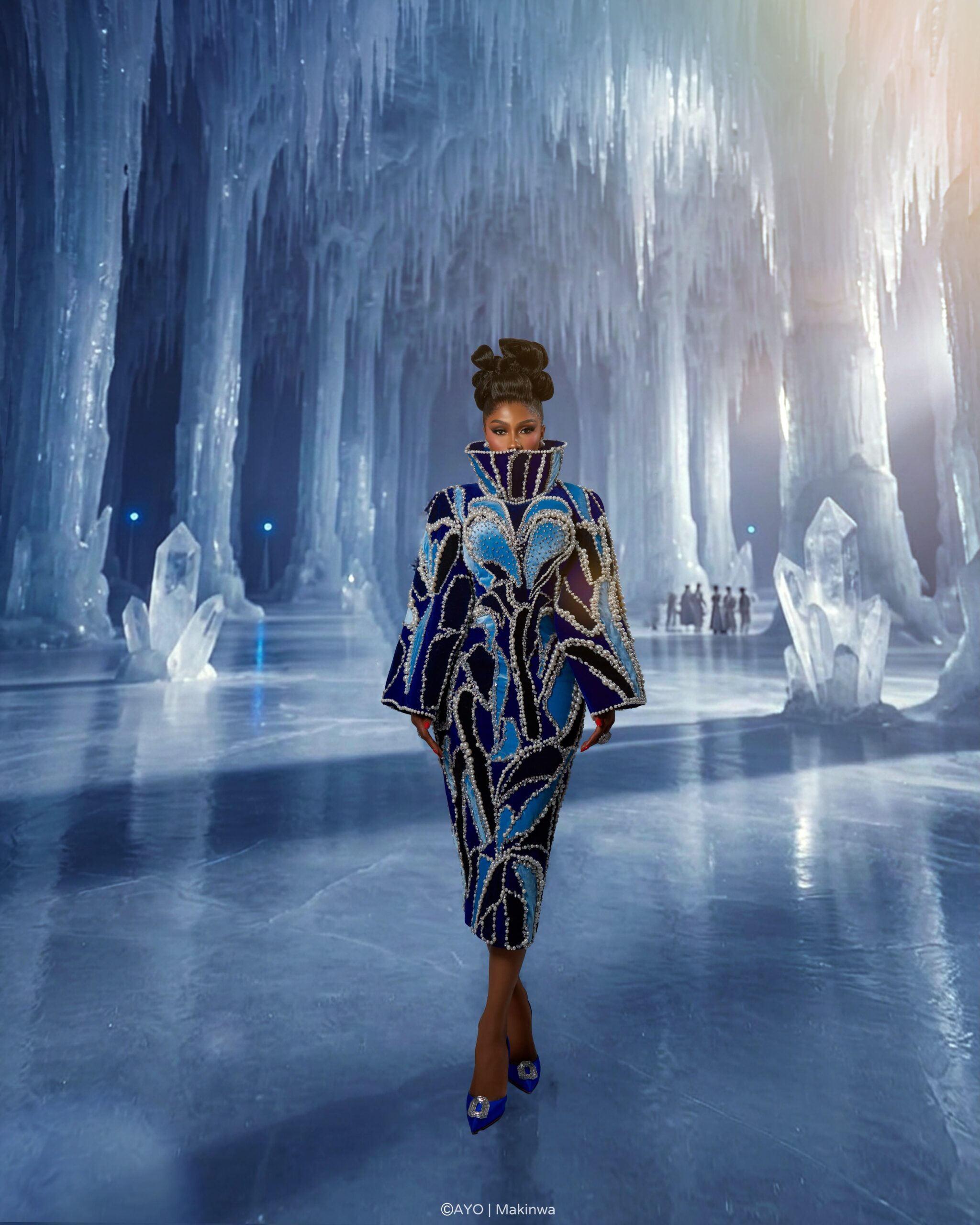 Mercy Eke’s High Fashion Icon Look Pairs Ice Blue Velvet With Cobalt and Pearls