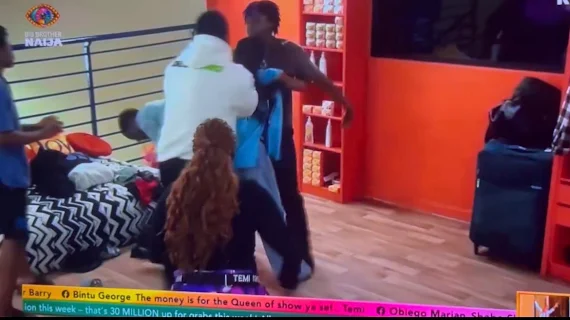 BBNaija House Housemates Keivo And Tram Exchange Punches In Biggie'a House