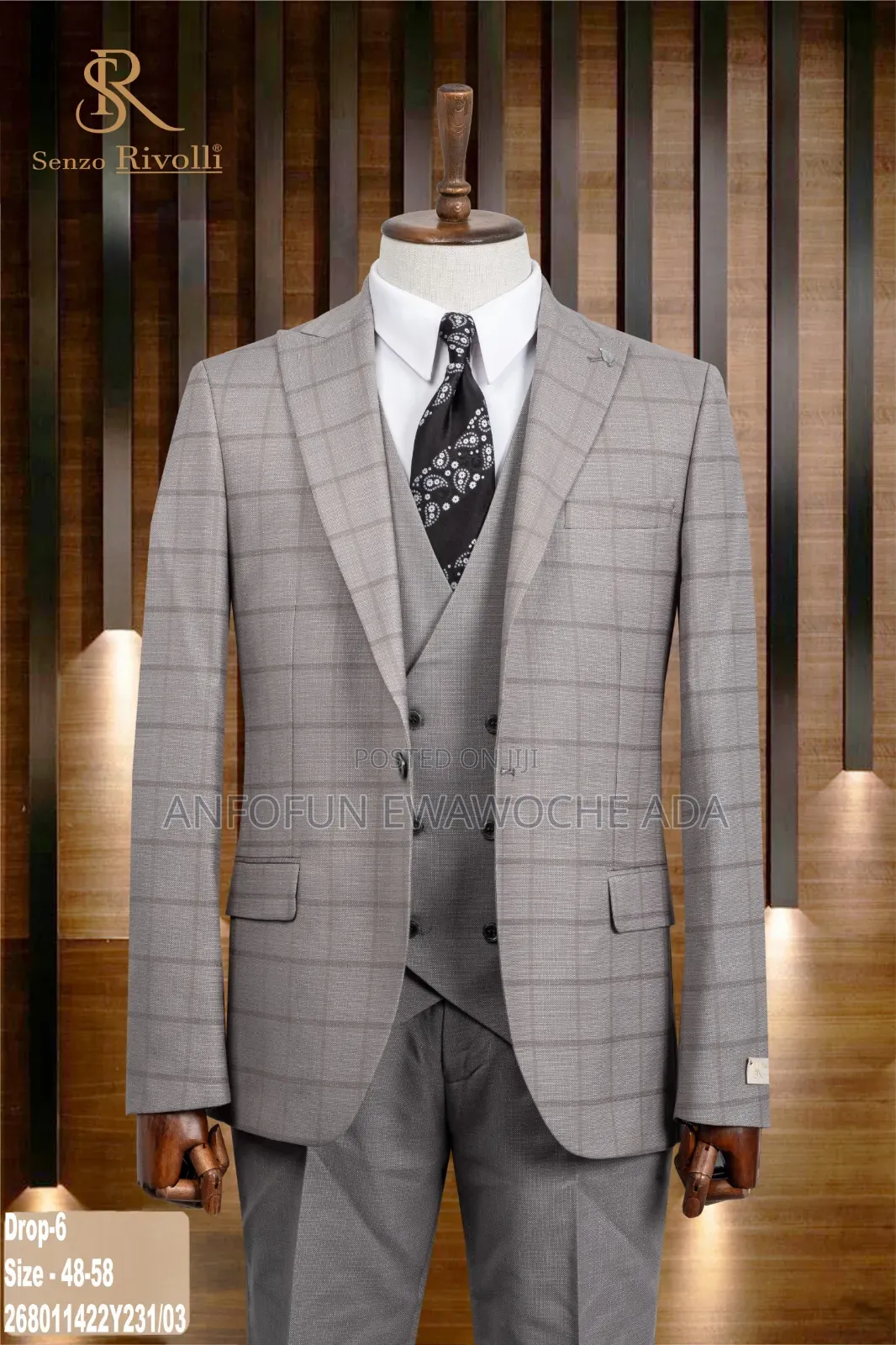 Senzo Rivolli Classic Checkered 3-Piece Men’S Suit