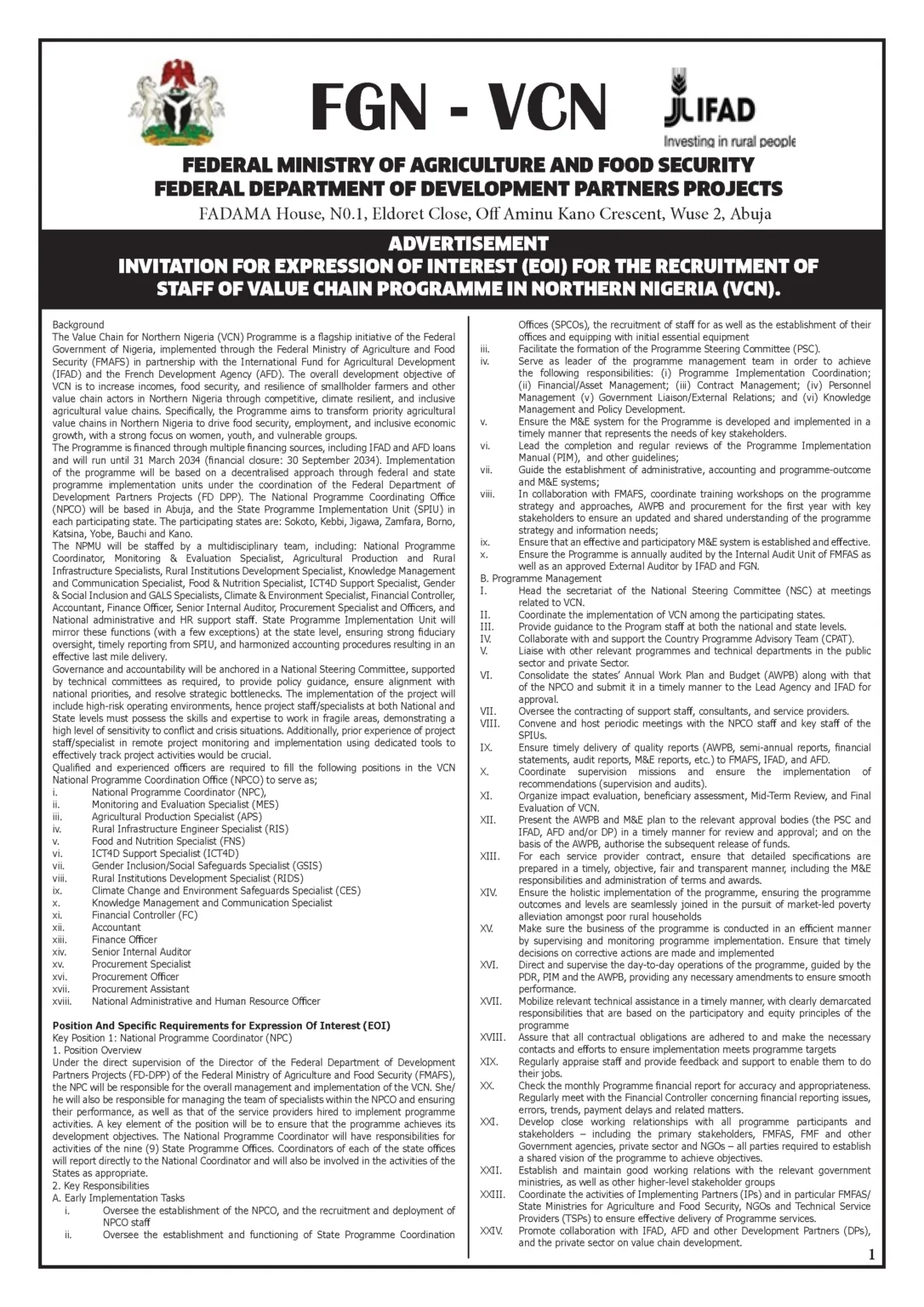 FG VCN Programme Recruitment 2026: 18 Positions Available - Apply Now