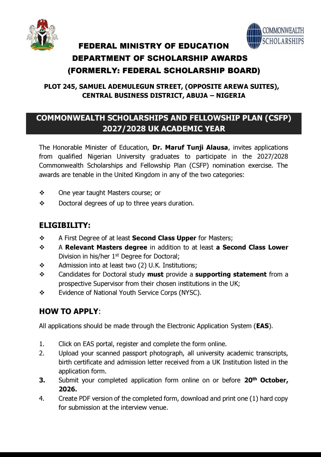 Commonwealth Scholarships 2027/2028: FG Opens Applications For Nigerians