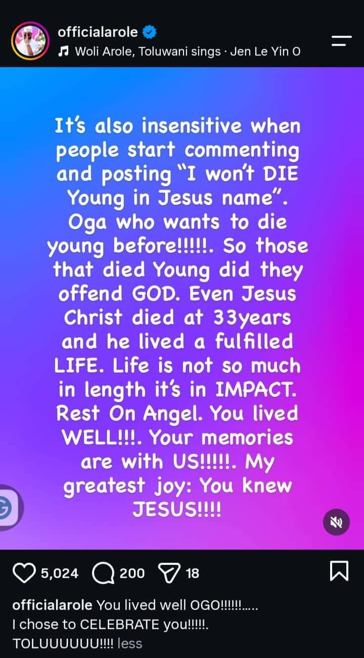 “It’s insensitive commenting and posting I won’t die young ‘ in Jesus name” – Woli Arole tells netizens