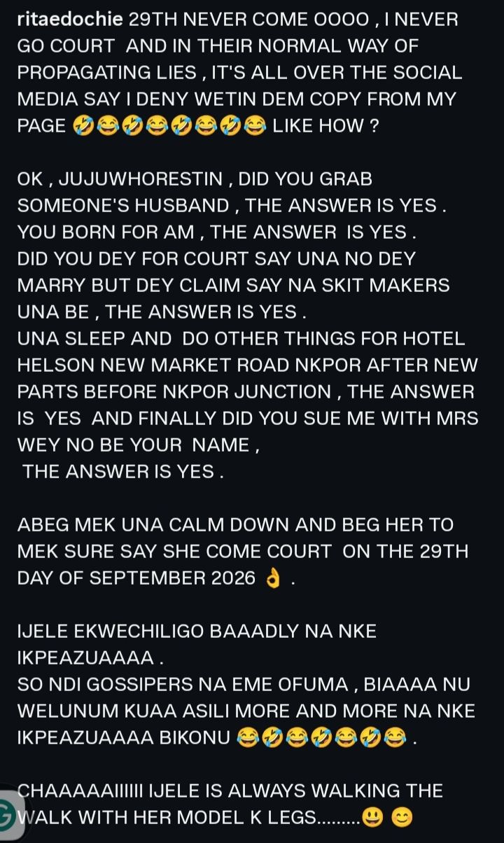Rita Edochie reacts to claims she denied calling out Judy Austin on her social media