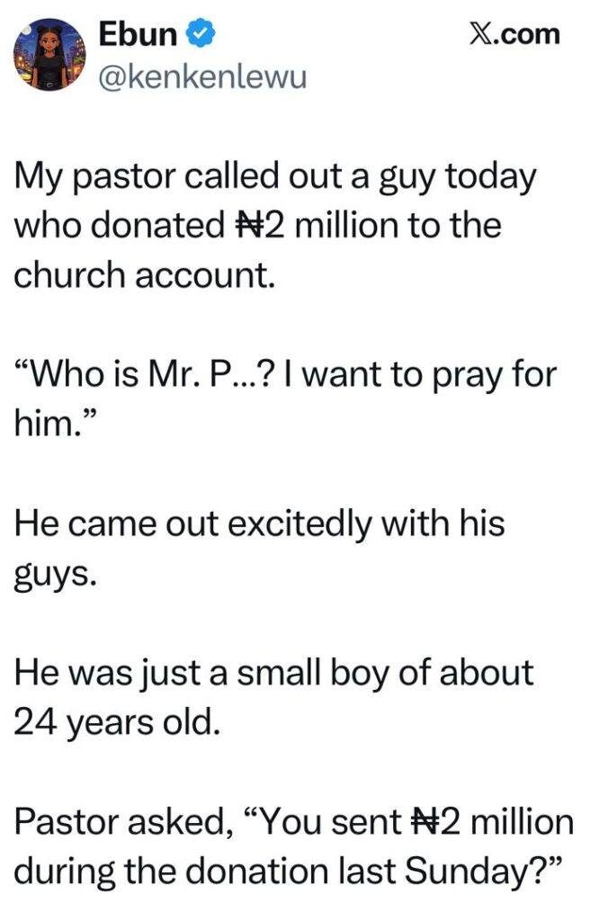 Pastor refunds ₦2M naira donation after 24-year-old-church member failed to say his source of income