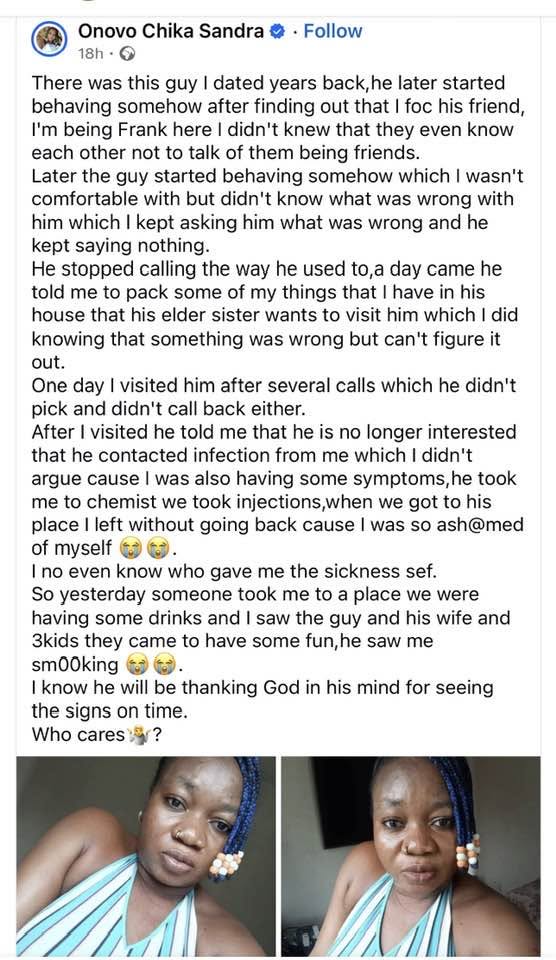 I know he will be thanking God for seeing the signs on time - Nigerian lady shares encounter with ex-boyfriend years after she slept with his friend and gave him an infection