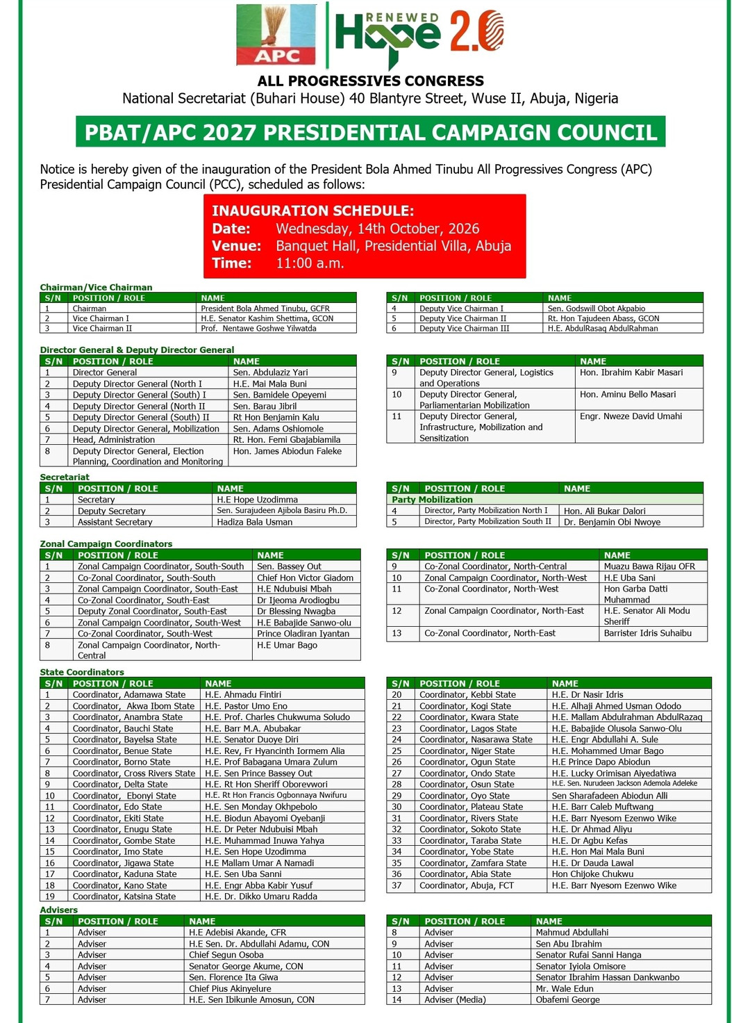 APC Announces Revised PCC, Wike, Soludo, Adeleke Make List