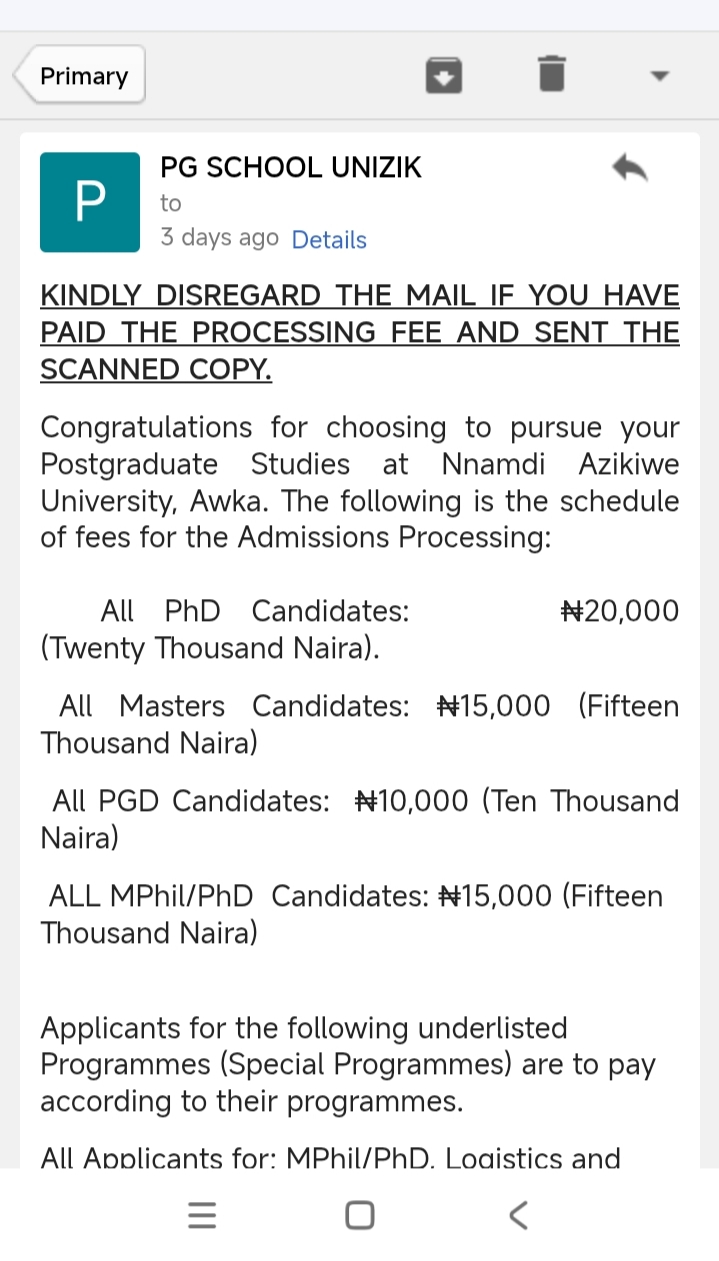 Why Is UNIZIK Charging Postgraduate Applicants Admission Processing Fee? (Pics)
