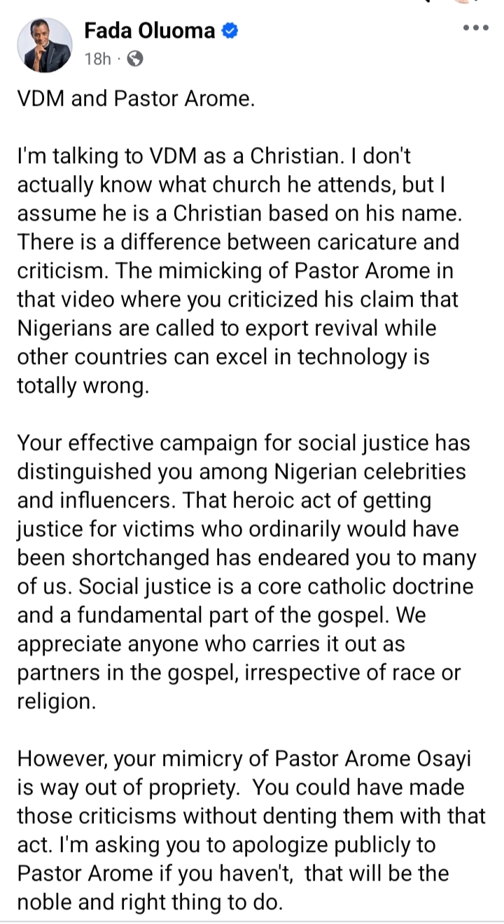 “Your mimicry of Pastor Arome is way out of propriety” — Fada Oluoma warns VDM