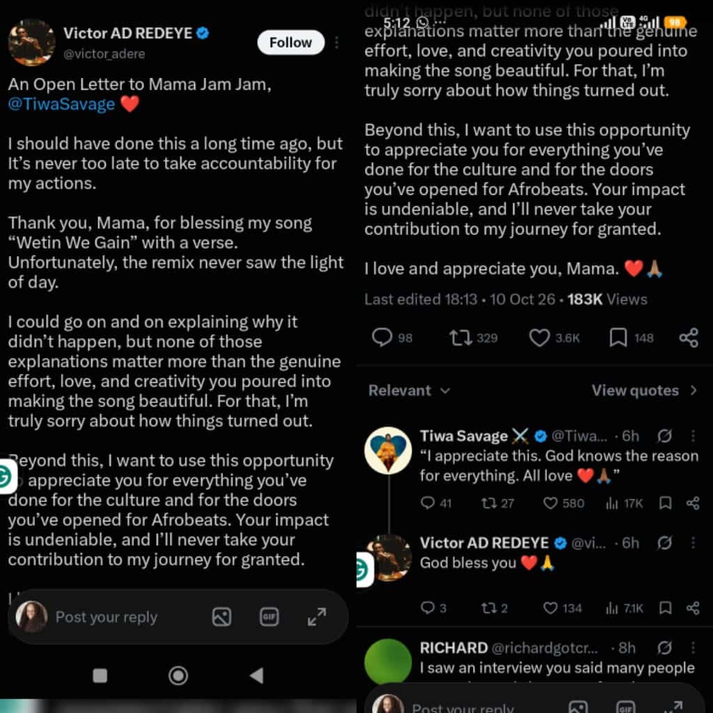 “I take accountability and am sorry about how things turned out” – Singer Victor AD writes open letter to Tiwa Savage; she replies
