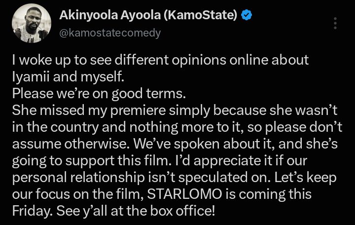“She missed my premiere simply because she wasn’t in the country” — Kamo State addresses Funke Akindele rumours
