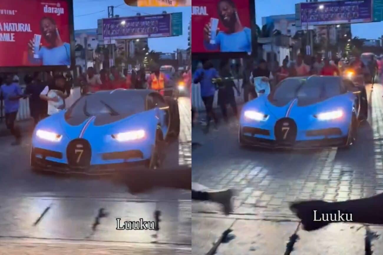 “You can feel the póverty” – Moment crowd of youths chase after Burna Boy’s new Bugatti car as he exits club; netizens react (Video)