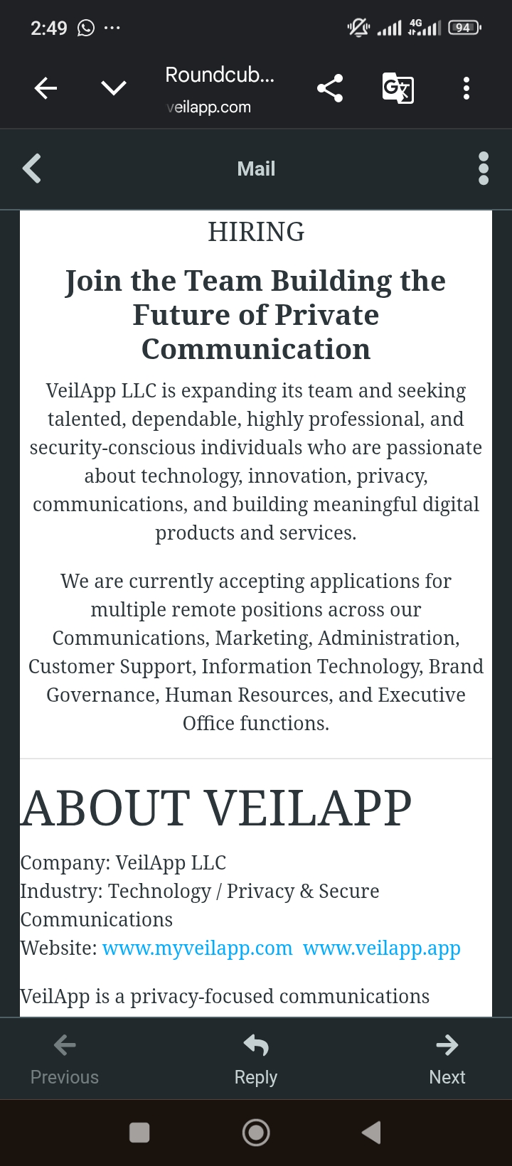 Career Opportunities - VeilApp Is Hiring For Multiple Remote Positions