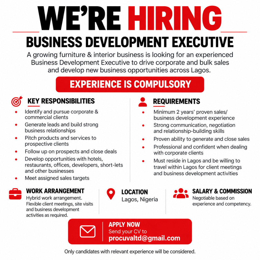 Hiring: Business Development Executive • Lagos