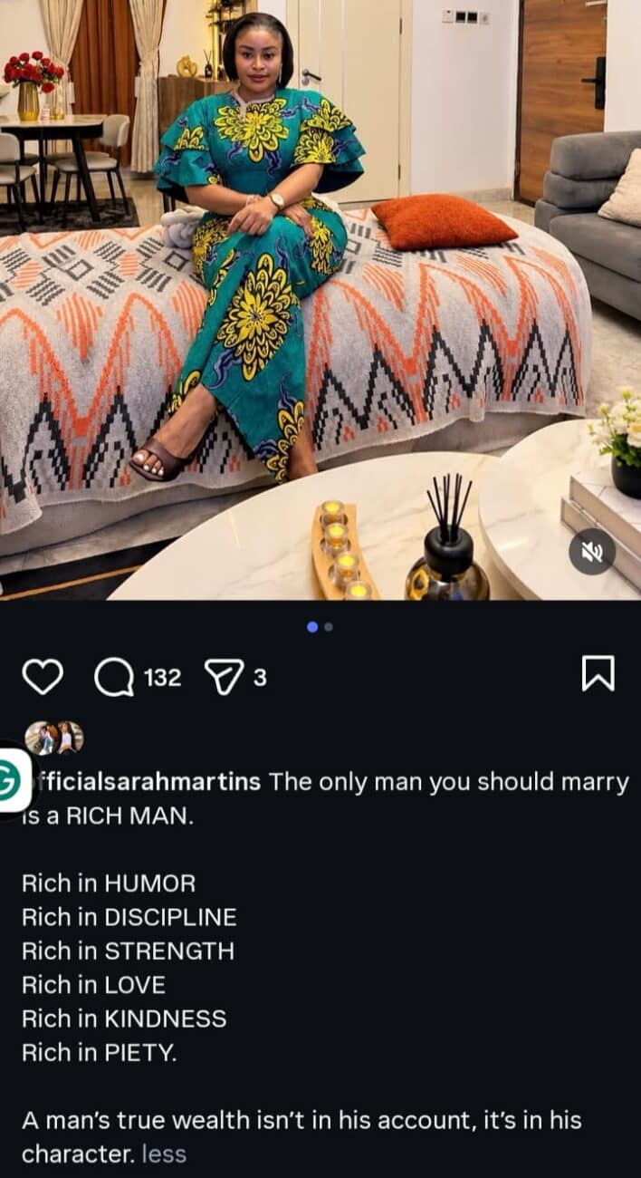 “The only man you should marry is a rich man” – Actress Sarah Martins tells ladies as she lists qualities to look for in partners