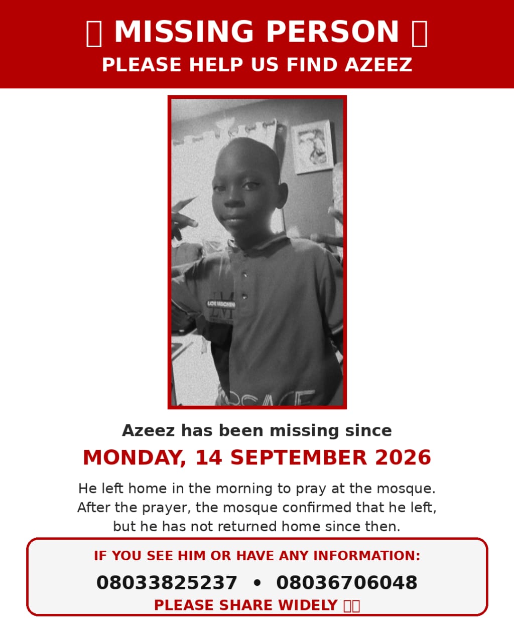 MISSING CHILD - Please Help Us Find Azeez [UPDATE: FOUND SAFE]