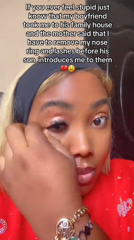 Lady reveals she had to remove her nose ring and eyelashes after boyfriend’s mother asked her to, before meeting his family (VIDEO)