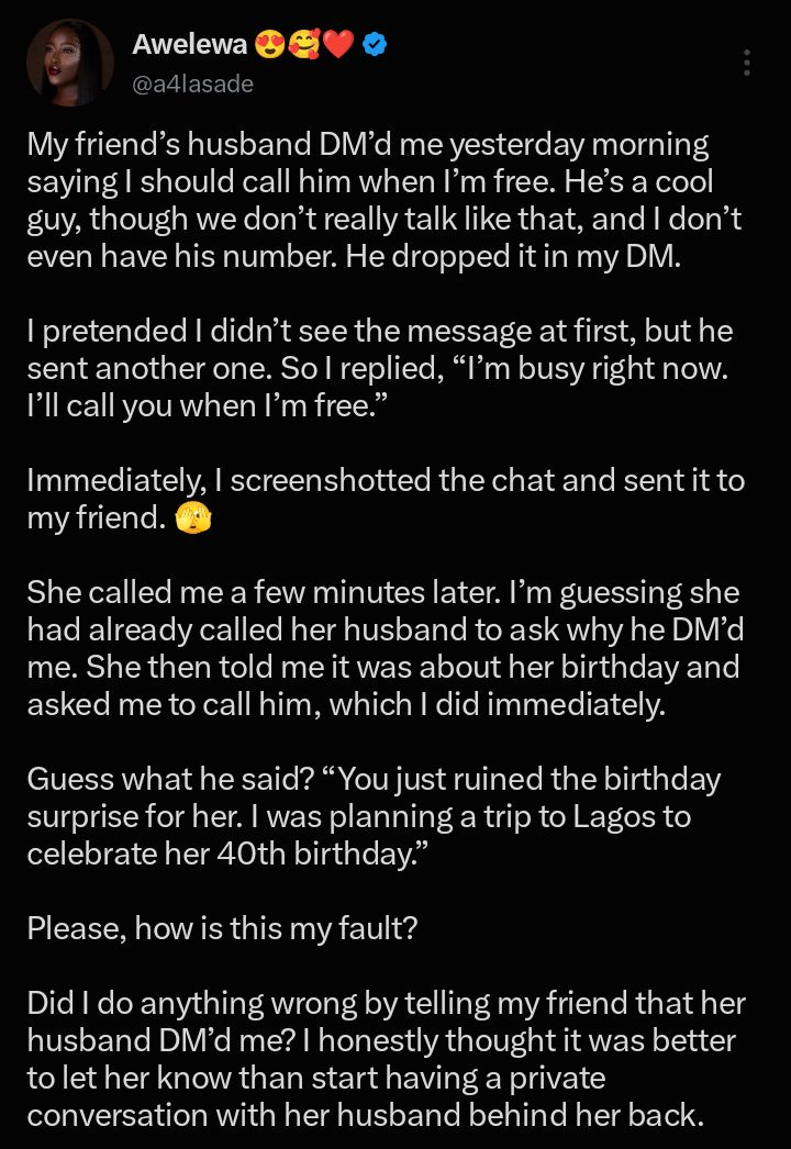 “You just ruined the birthday surprise for her” — Man reacts after wife’s friend exposes his DM
