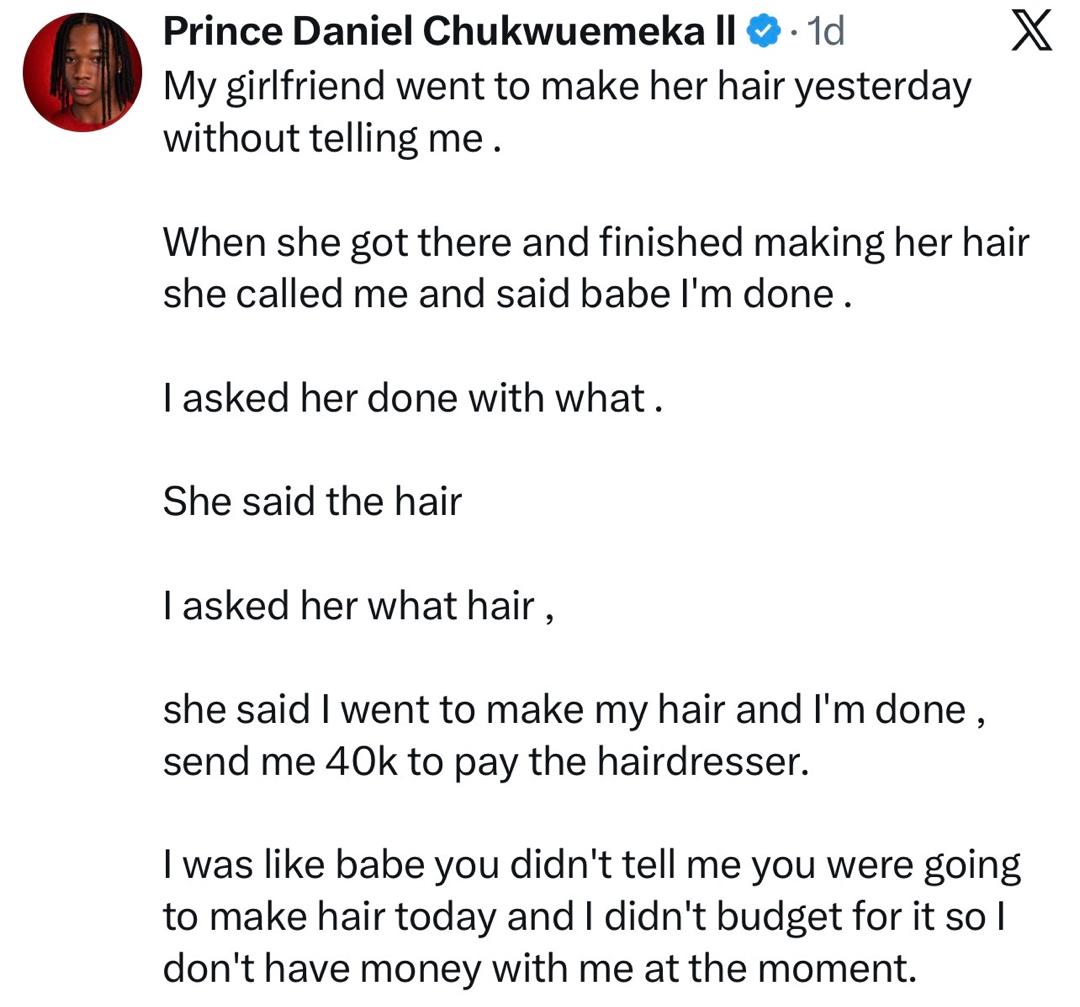 “I just bought her iPhone 15 Pro Max” – Man laments after girlfriend blocks him over ₦40k hair payment